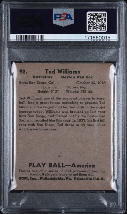 1939 Play Ball #92 Ted Williams Rookie HOF Red Sox PSA 3