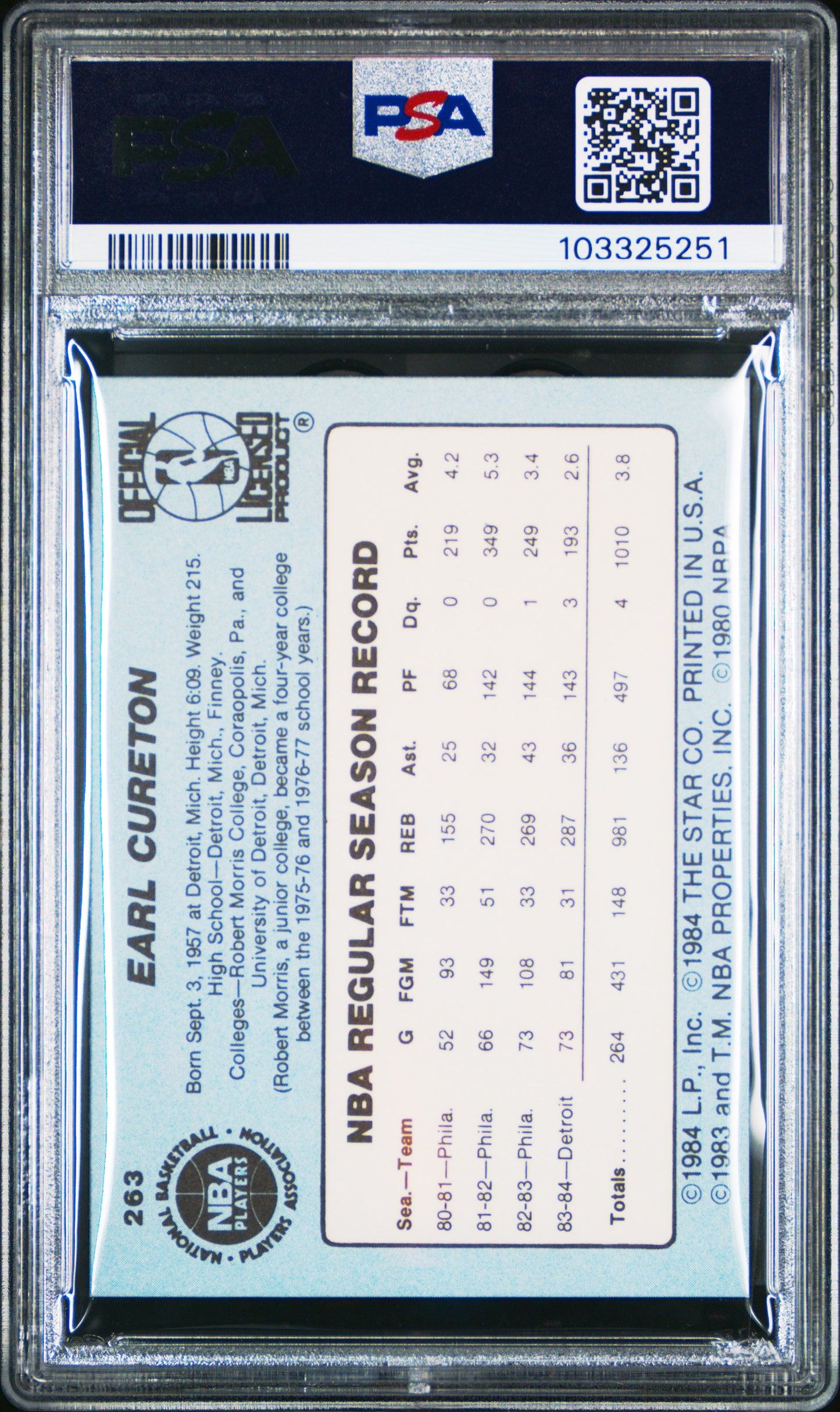 1984 Star #263 Earl Cureton Pistons PSA 6