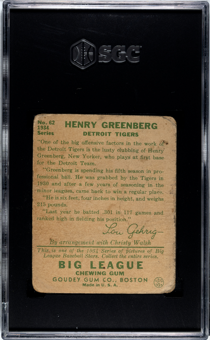 1934 Goudey #62 Hank Greenberg Rookie HOF Tigers SGC 1