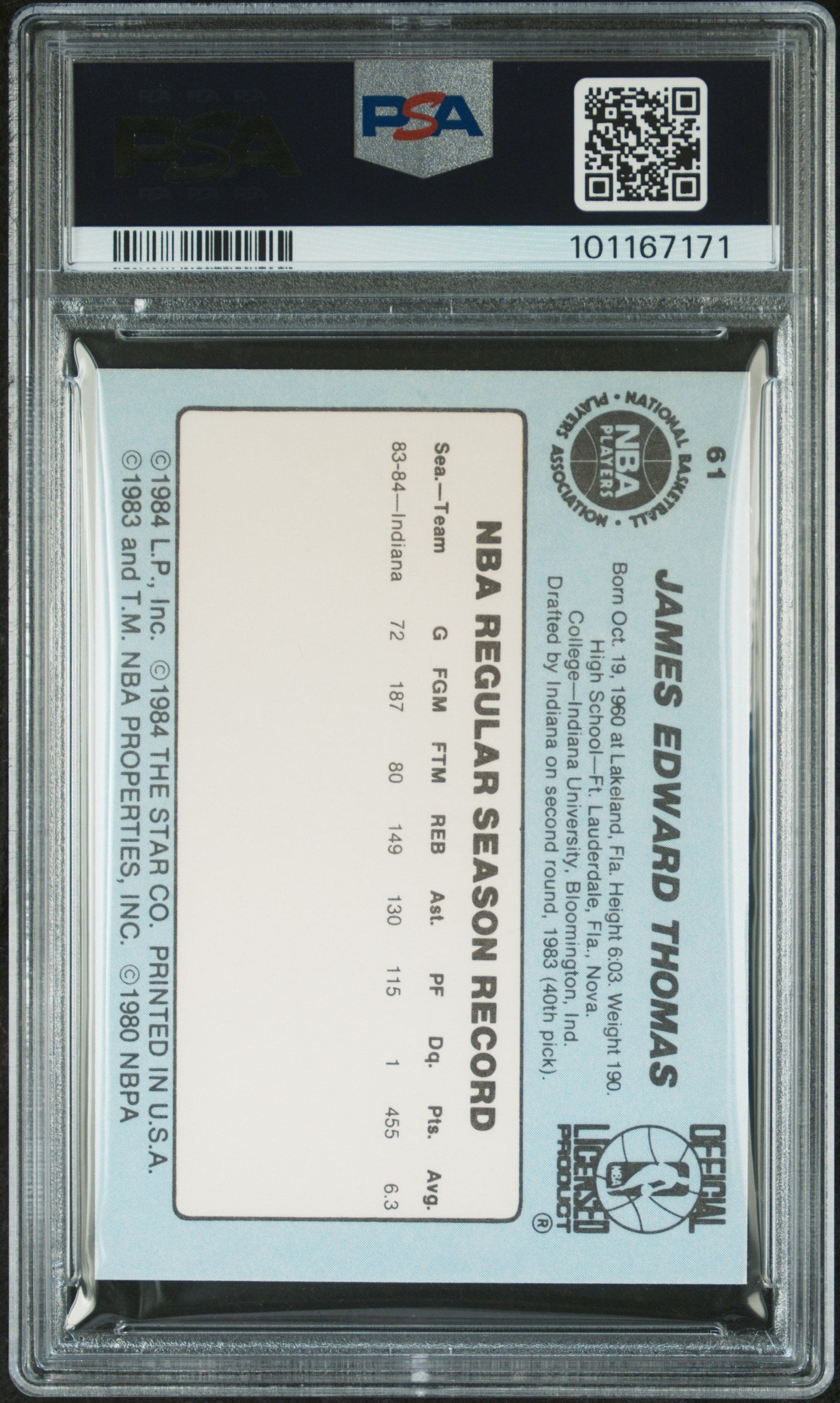 1984 Star #61 Jimmy Thomas Pacers PSA 6