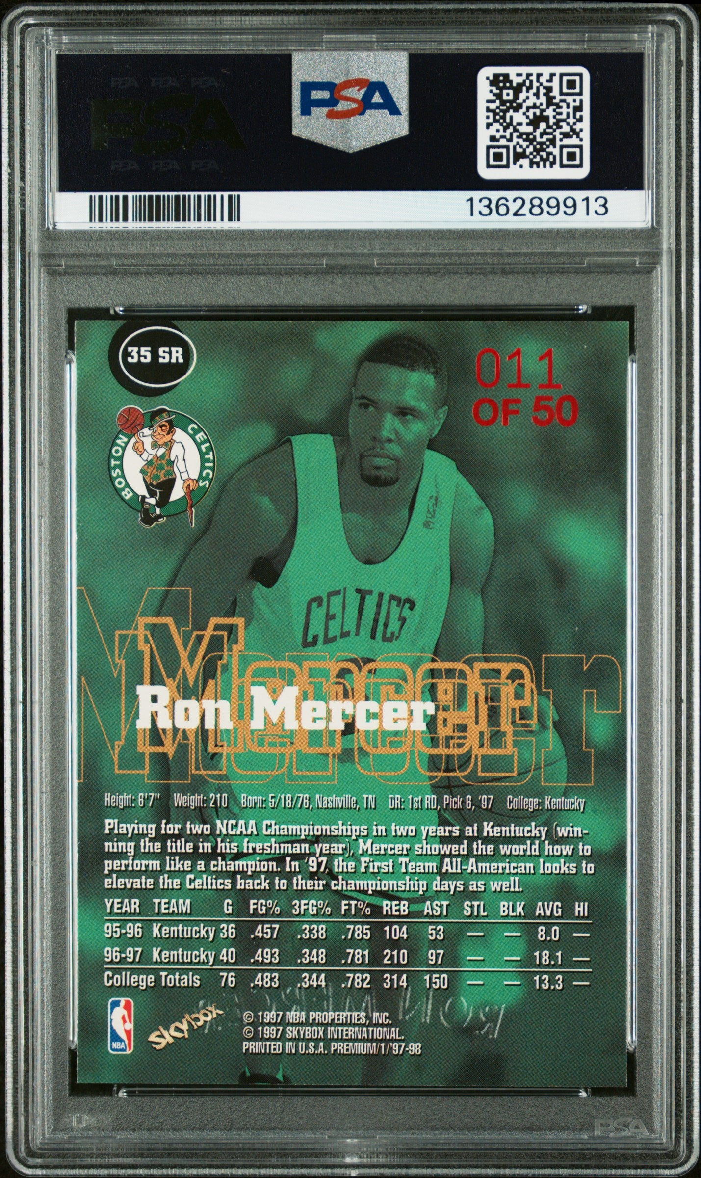 1997 Skybox Premium Star Rubies Ron Mercer 11/50 Celtics PSA 6 pop 1 (2 Higher)