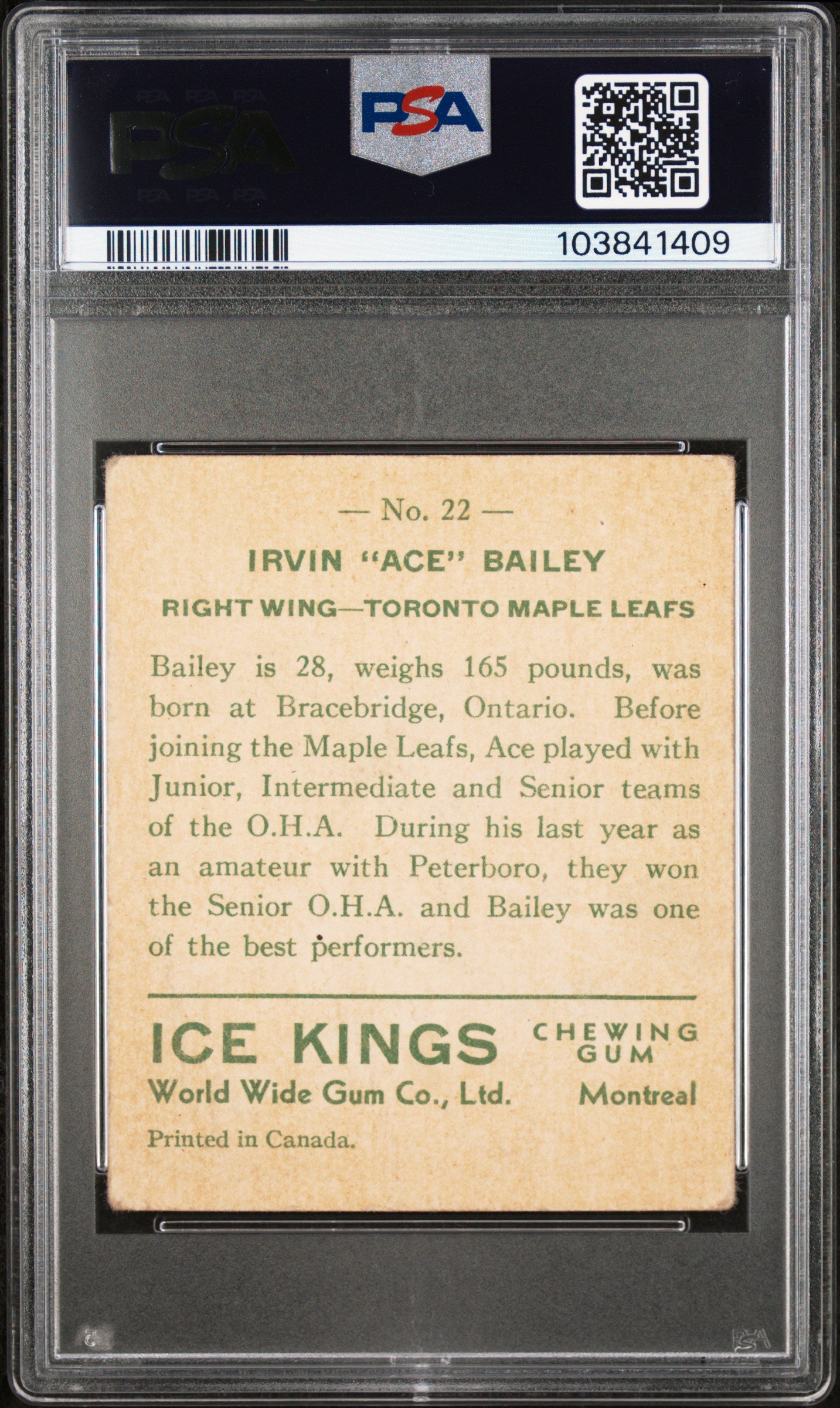 1933 World Wide Gum Ice Kings English Only #22 Ace Bailey Maple Leafs PSA 1.5