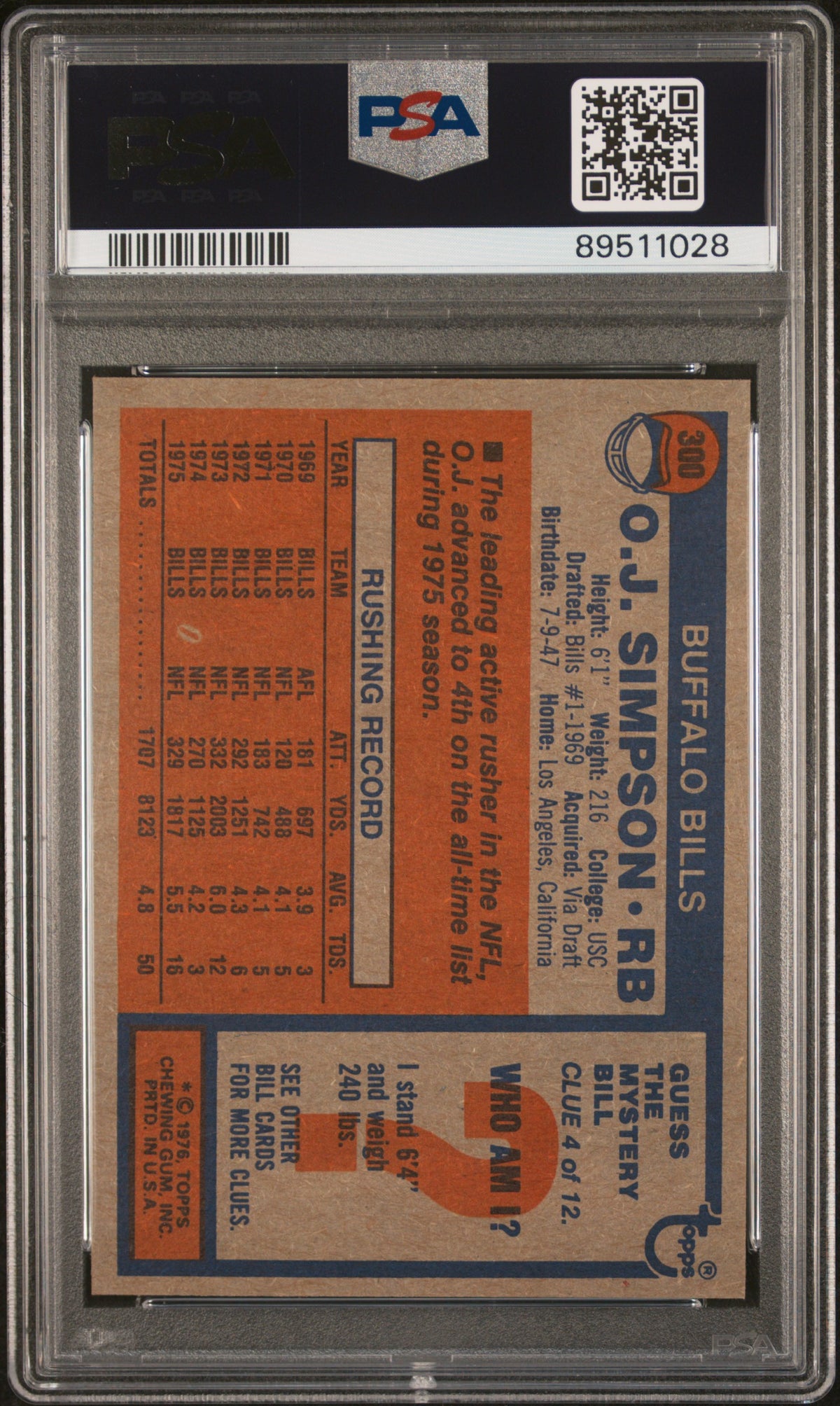 1976 Topps #300 O. J. Simpson Bills PSA 9