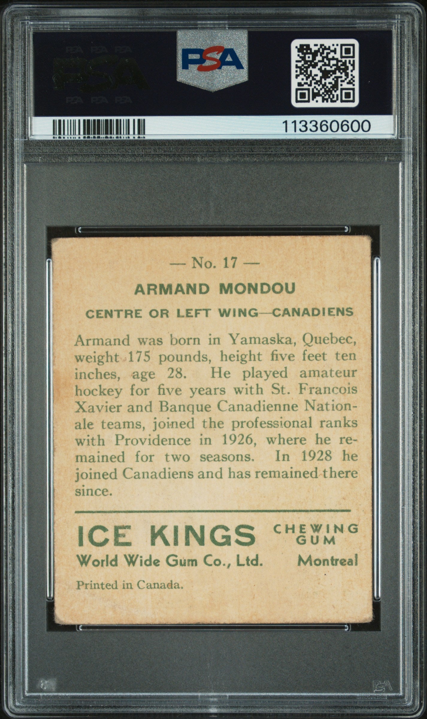1933 World Wide Gum Ice Kings #17 Armand Mondou English Only Canadiens PSA 2