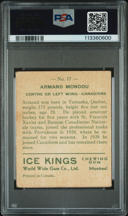 1933 World Wide Gum Ice Kings #17 Armand Mondou English Only Canadiens PSA 2