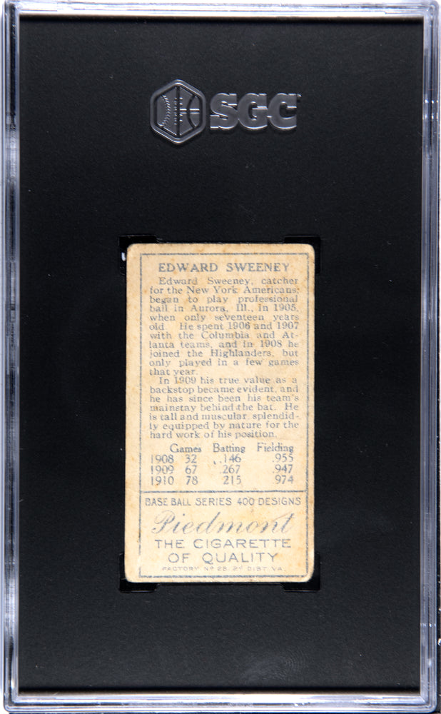 T205 Edward Sweeney Yankees SGC 2 Piedmont Back