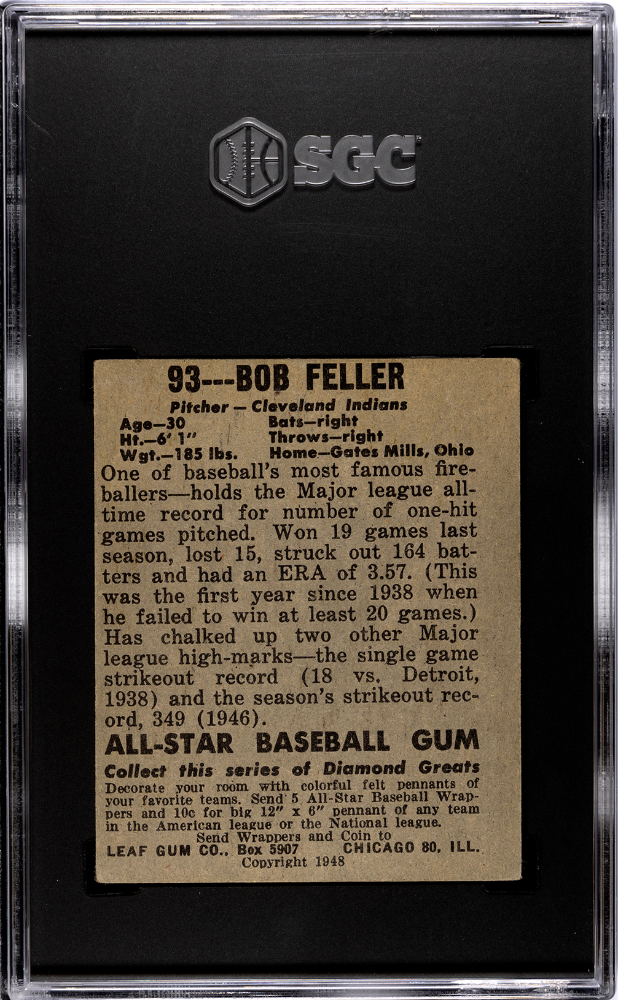 1948 Leaf #93 Bob Feller Rookie HOF Short Print Indians SGC 3