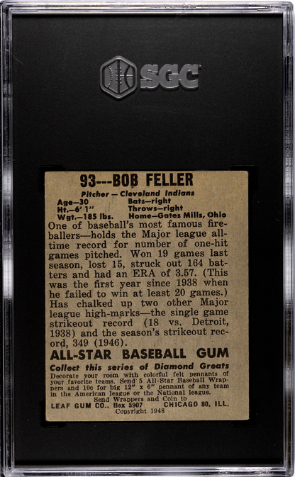 1948 Leaf #93 Bob Feller Rookie HOF Short Print Indians SGC 3