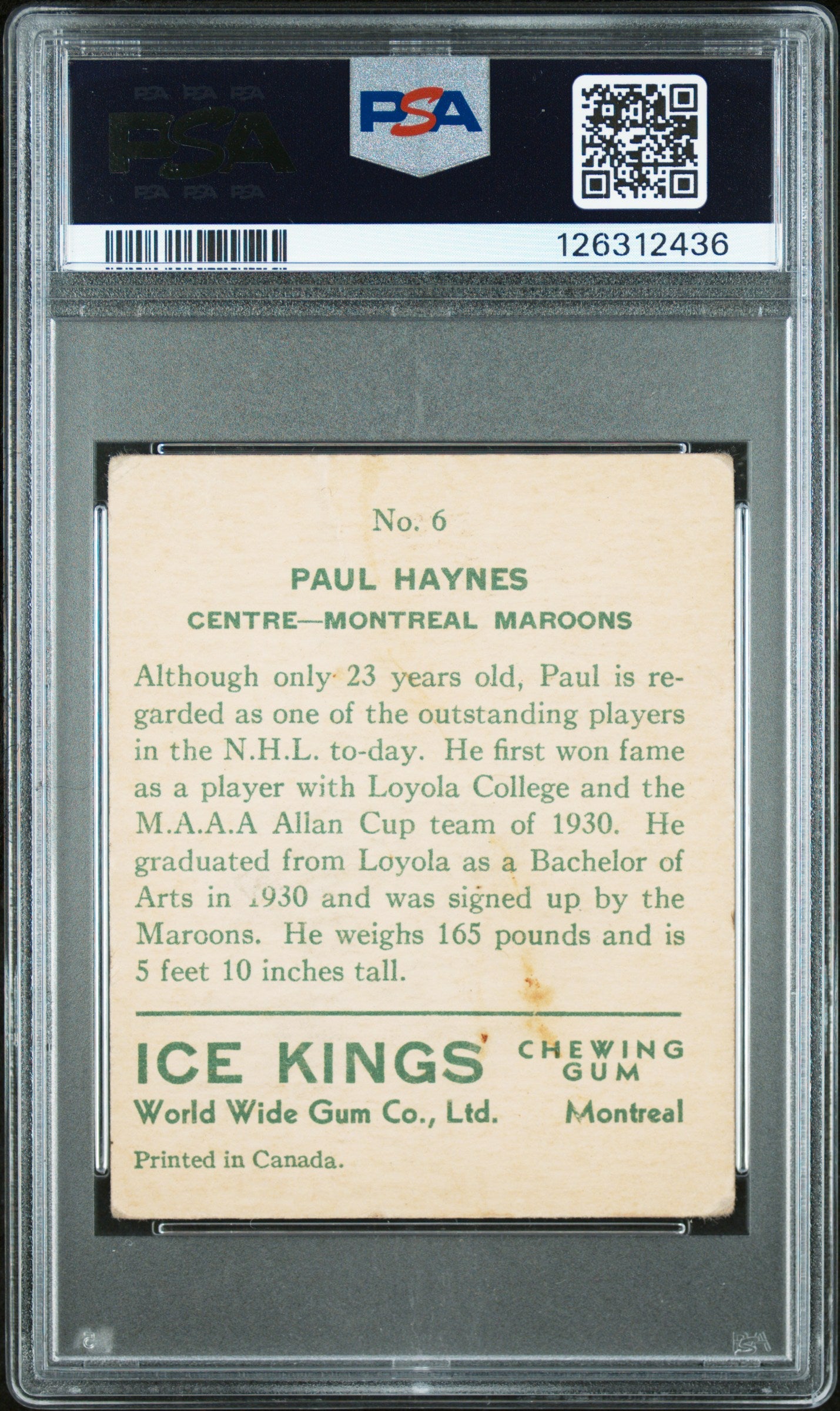 1933 World Wide Gum Ice Kings #6 Paul Haynes Rookie English Only PSA 2.5