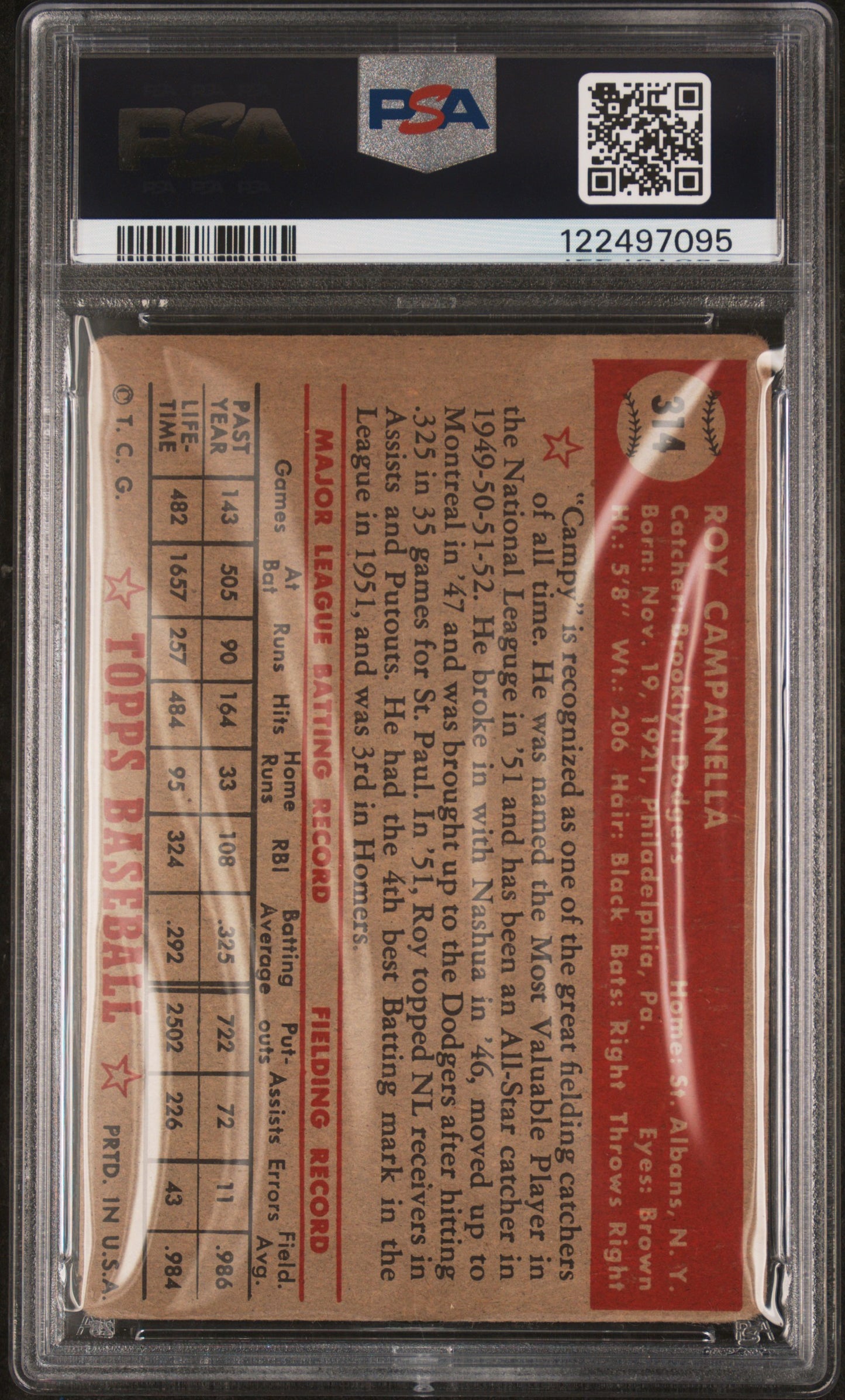 1952 Topps #314 Roy Campanella Dodgers PSA 2