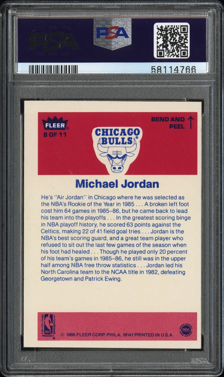1986 Fleer Sticker #8 Michael Jordan Rookie HOF Bulls PSA 5