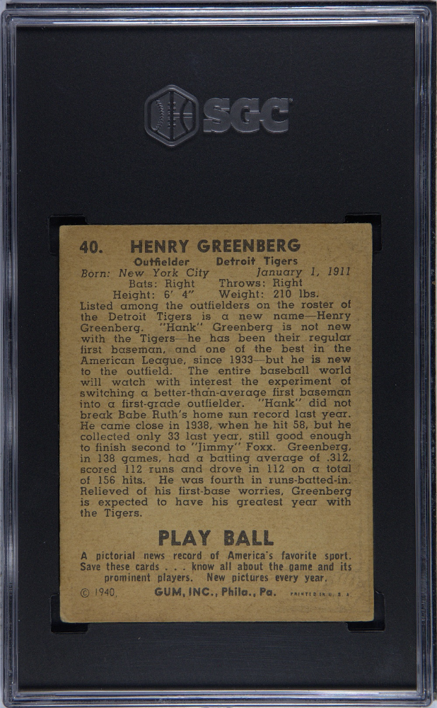 1940 Playball #40 Hank Greenberg Tigers SGC 3 Well Centered