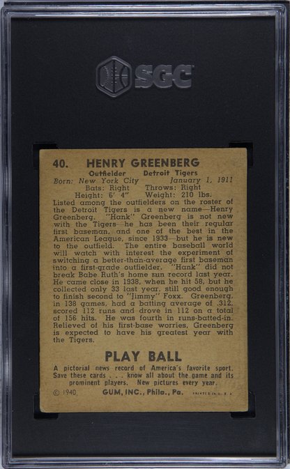 1940 Playball #40 Hank Greenberg Tigers SGC 3 Well Centered