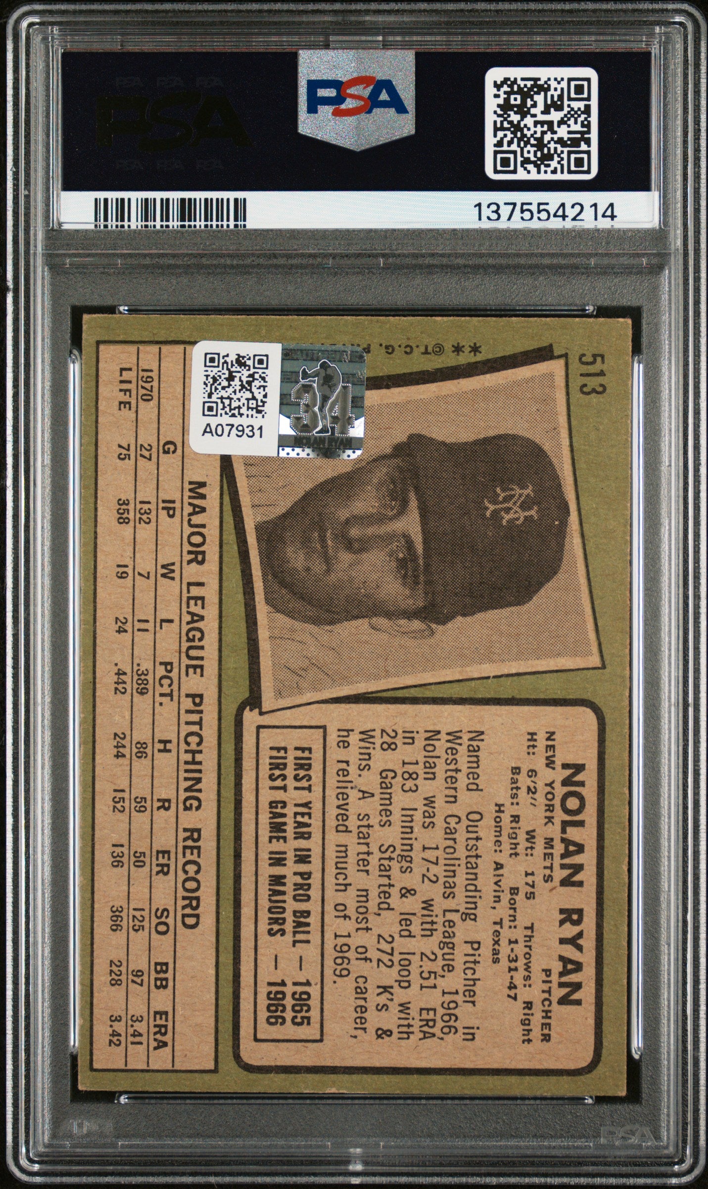 1971 Topps #513 Nolan Ryan with HOF Inscription PSA Authentic Auto 10