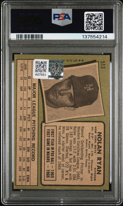 1971 Topps #513 Nolan Ryan with HOF Inscription PSA Authentic Auto 10