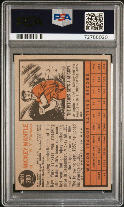 1962 Topps #200 Mickey Mantle Yankees PSA 5