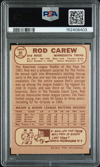 1968 OPC O-Pee-Chee #80 Rod Carew 2nd Year Twins PSA 6