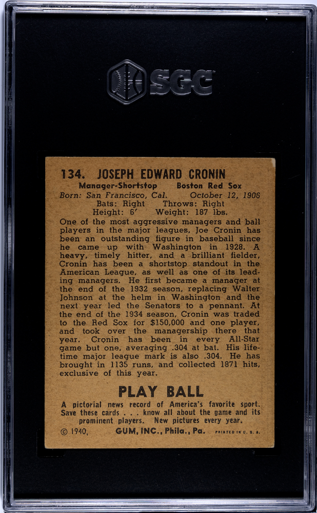1940 Playball #134 Joe Cronin Red Sox SGC 5