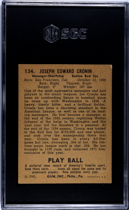 1940 Playball #134 Joe Cronin Red Sox SGC 5
