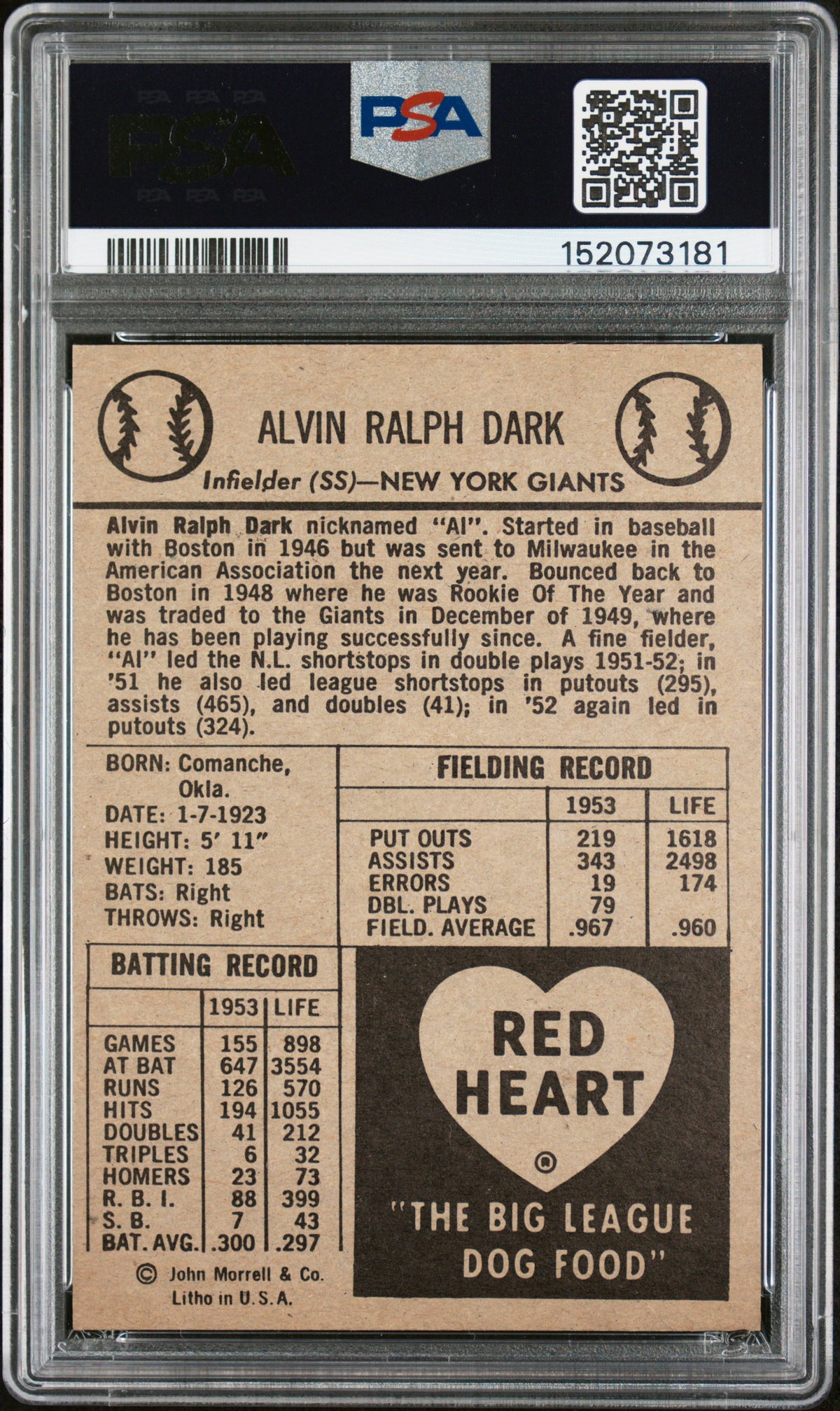 1954 Red Heart Alvin Dark Giants PSA 5