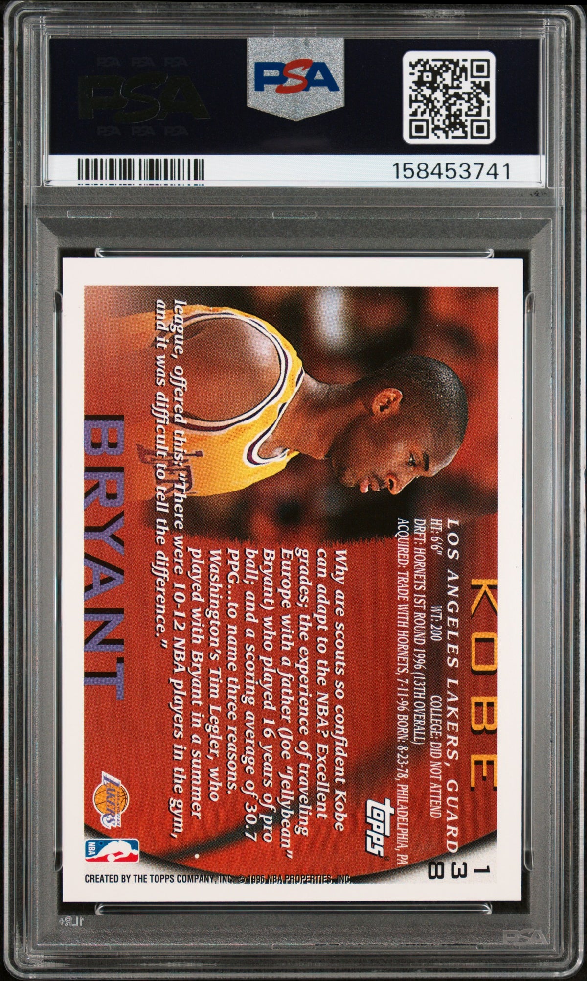 1996 Topps #138 Kobe Bryant Rookie HOF Lakers PSA 9 Well Centered