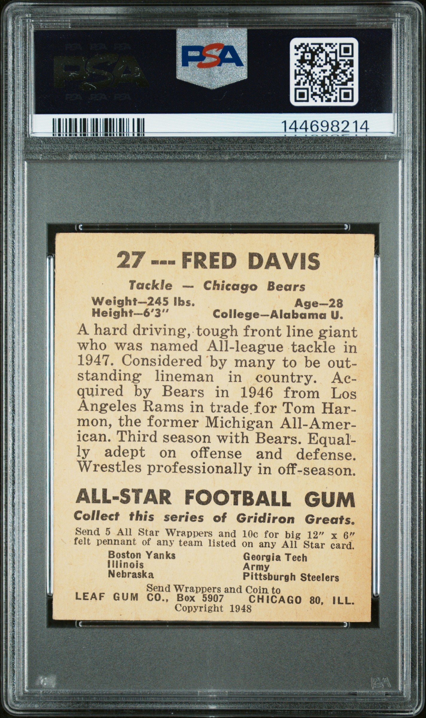 1948 Leaf #27 Fred Davis Yellow Background Bears PSA 4