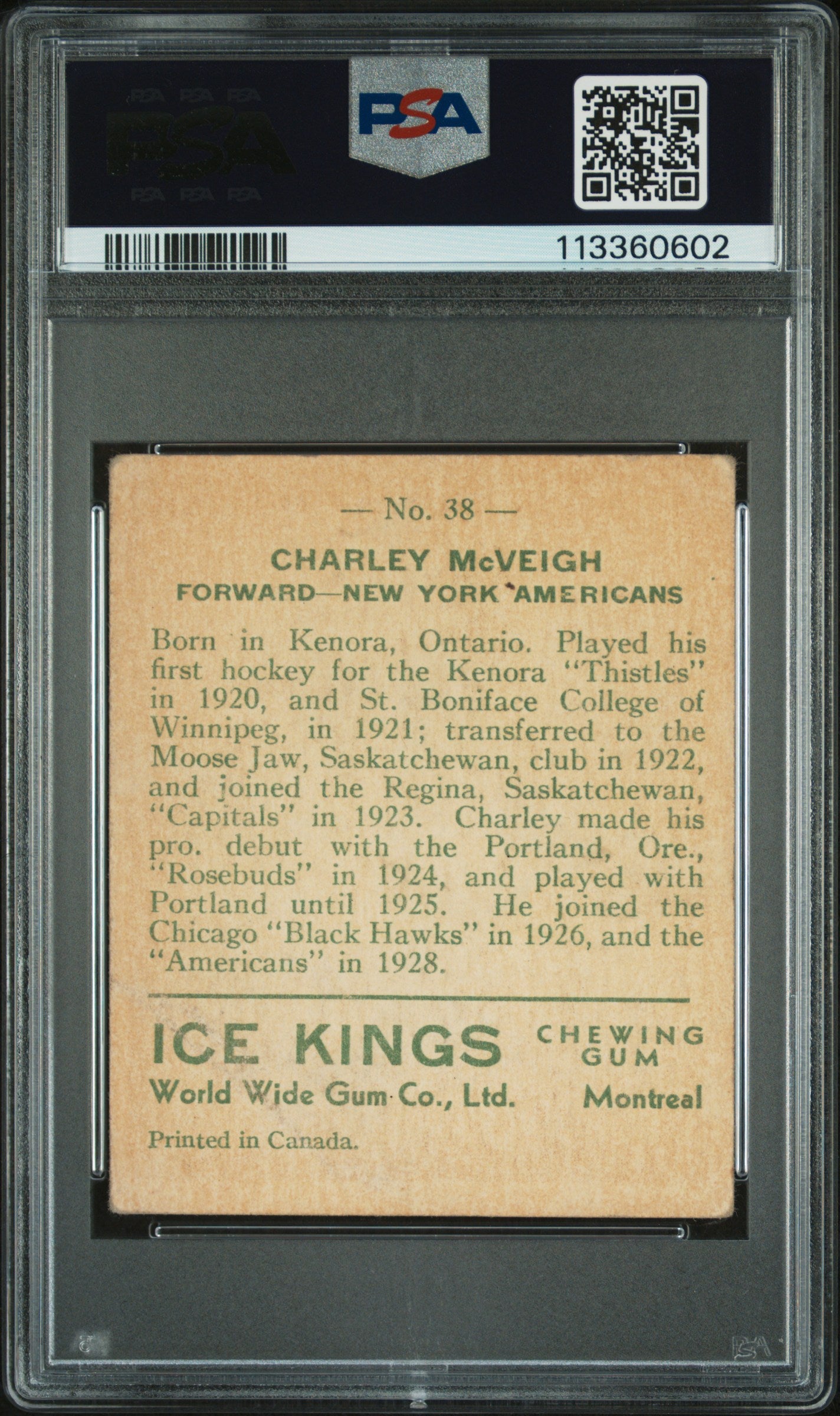 1933 World Wide Gum Ice Kings #38 Charley McVeigh English Only PSA 1