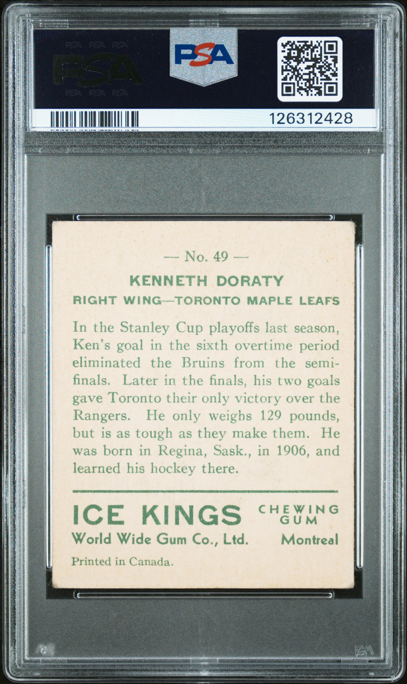 1933 World Wide Gum Ice Kings #49 Kenneth Doraty Maple Leafs English Only PSA 4
