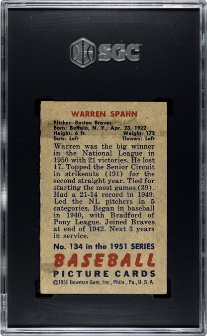 1951 Bowman #134 Warren Spahn Braves SGC 4.5 Well Centered