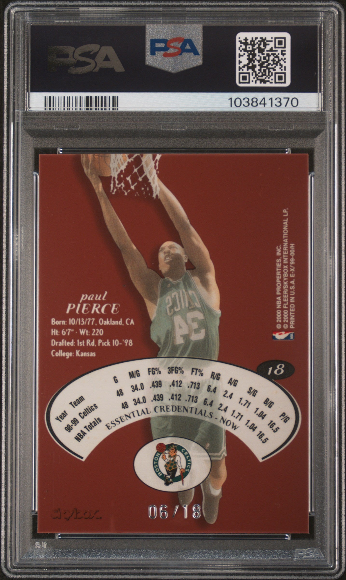 1999 Skybox E-X Essential Credentials Now Paul Pierce /18 PSA 8 pop 2 (0 Higher)