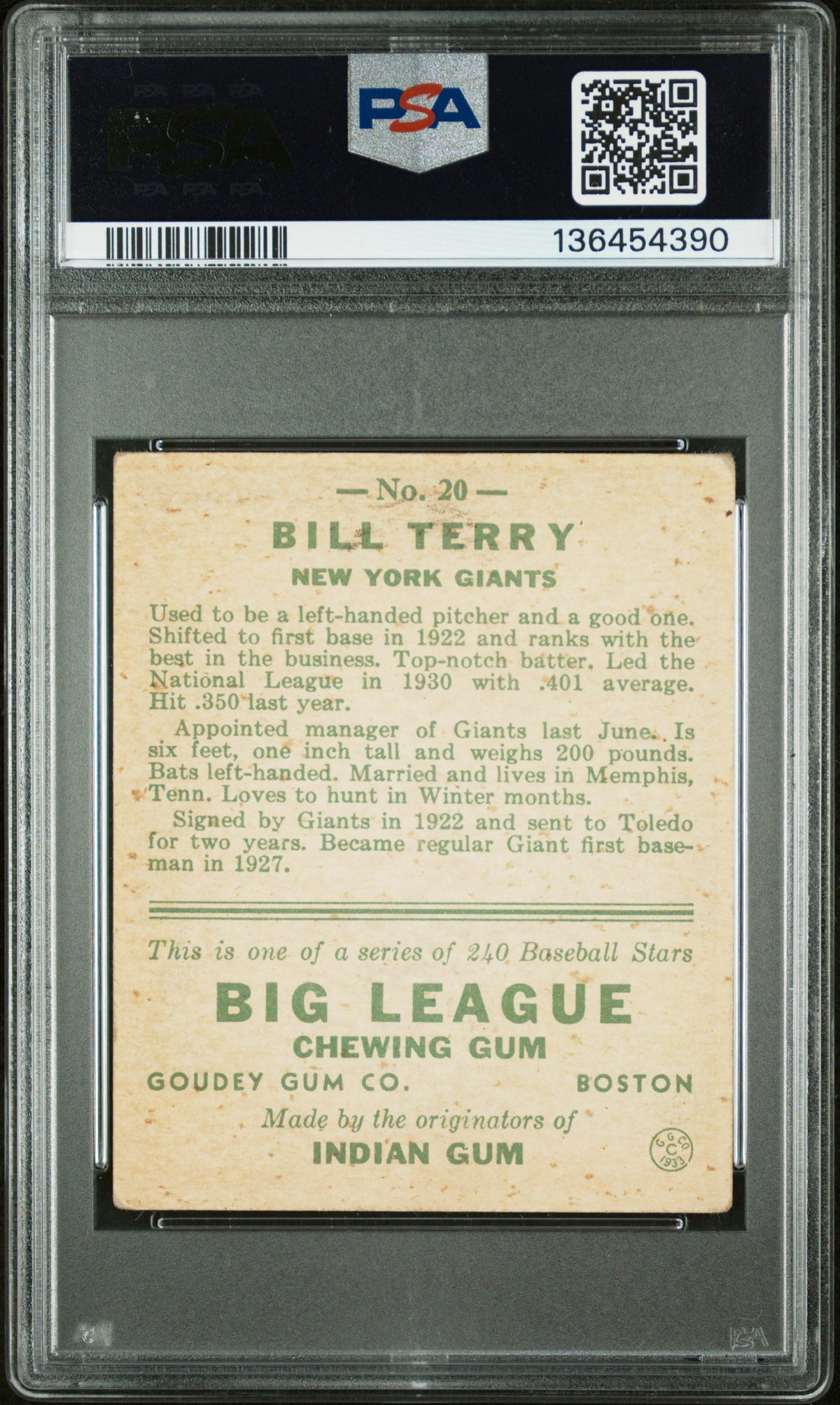 1933 Goudey #20 Bill Terry Signed Giants PSA 3 Auto 8