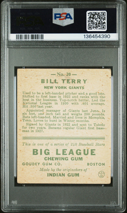 1933 Goudey #20 Bill Terry Signed Giants PSA 3 Auto 8
