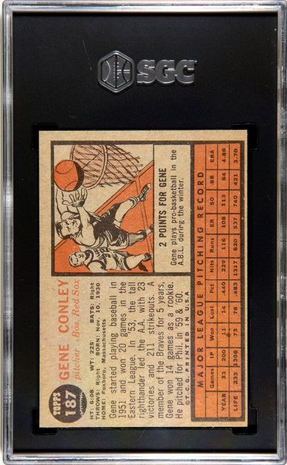 1962 Topps #187 Gene Conley Green Tint Red Sox SGC 9