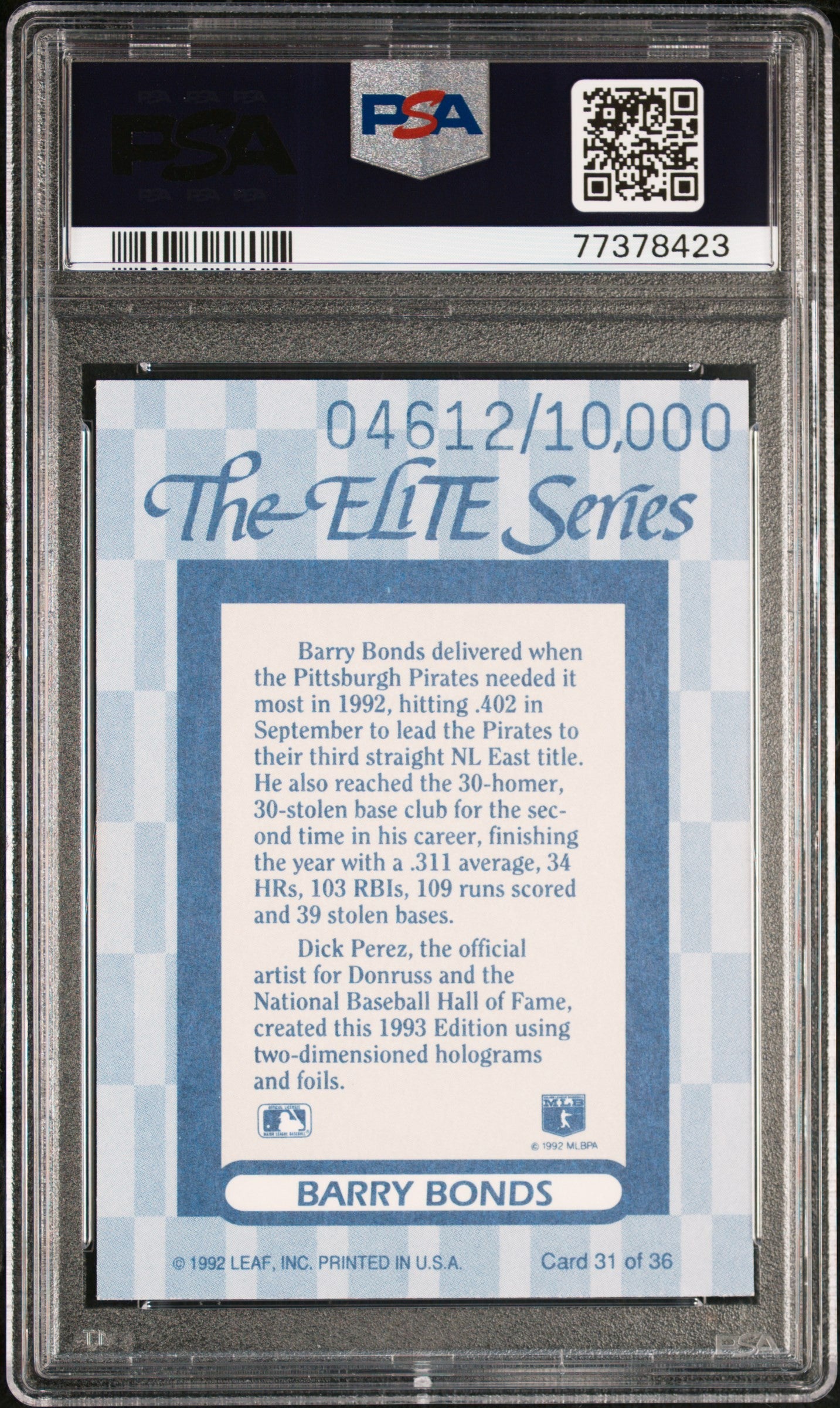 1993 Donruss Elite #31 Barry Bonds /10,000 PSA 9