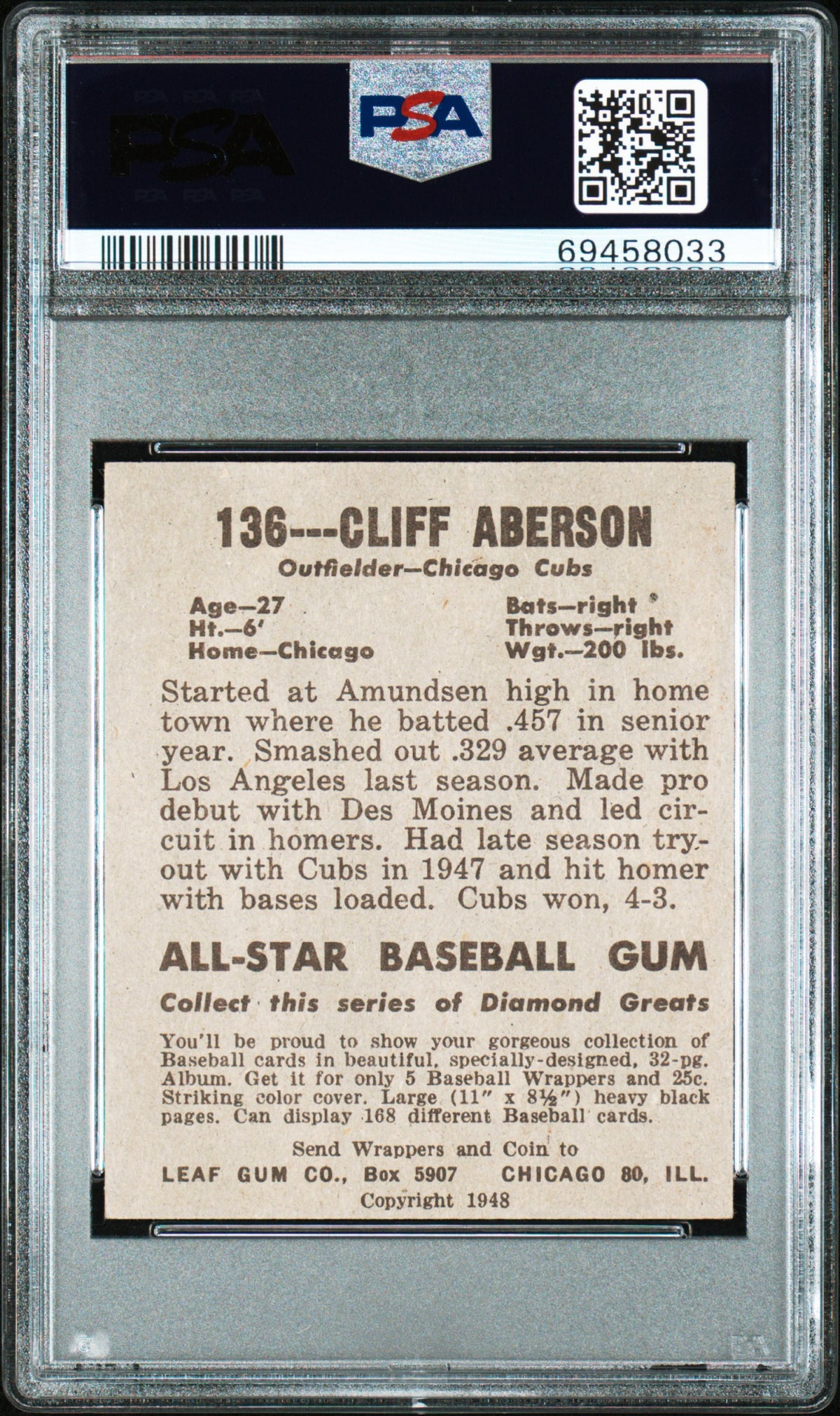 1948 Leaf  #136 Cliff Aberson Full Sleeves Cubs PSA 4