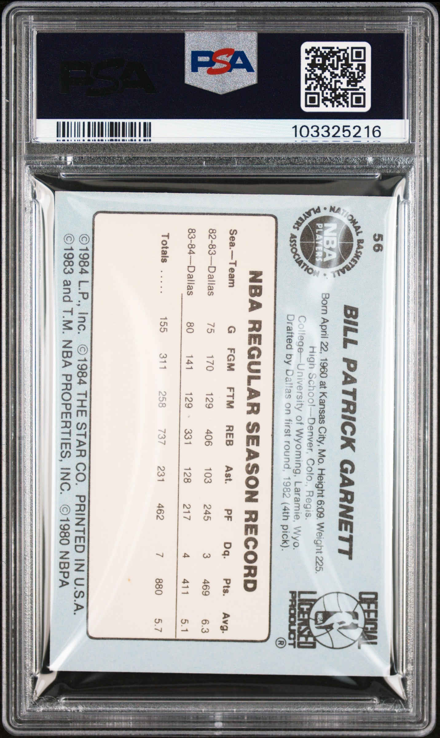 1984 Star #56 Bill Garnett Pacers PSA 9 (OC)
