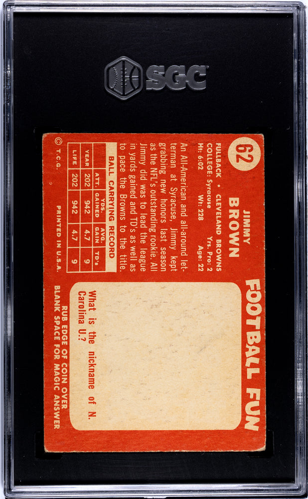 1958 Topps #62 Jimmy Brown Rookie HOF Browns SGC 1