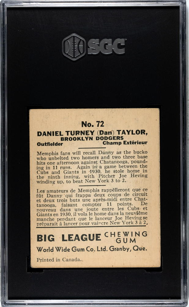 1936 World Wide Gum #72 Dan Taylor Dodgers SGC 3