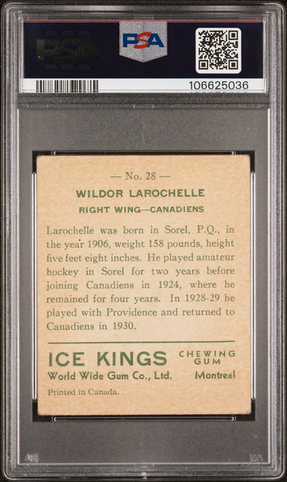 1933 World Wide Gum Ice Kings #28 Wildor Larochelle Rookie English Only PSA 2