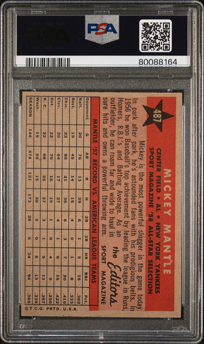 1958 Topps #487 Mickey Mantle All Star Yankees PSA 7