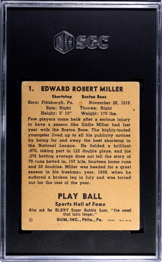 1941 Playball #1 Eddie Miller Boston Bees SGC 2.5
