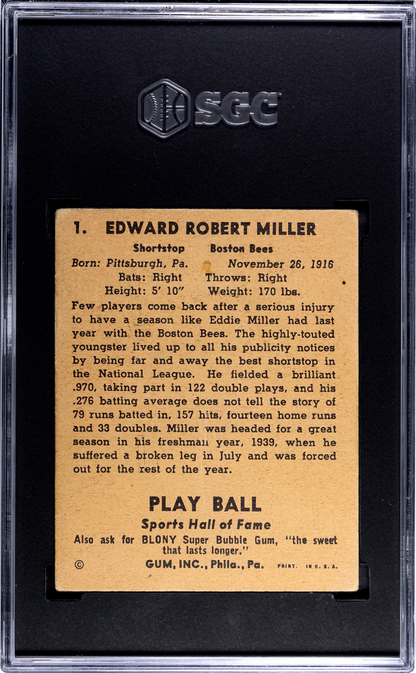 1941 Playball #1 Eddie Miller Boston Bees SGC 2.5