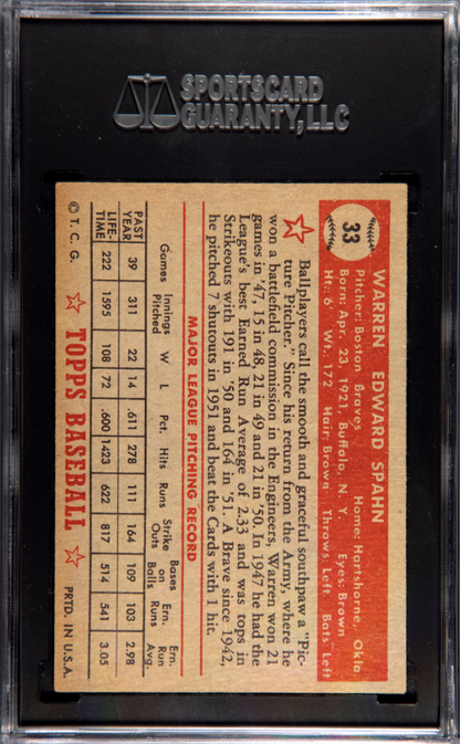 1952 Topps #33 Warren Spahn Red Back Braves SGC 4