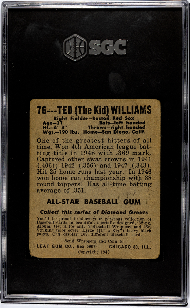 1948 Leaf Gum Co. #76 Ted Williams Red Sox SGC 1.5 Well Centered