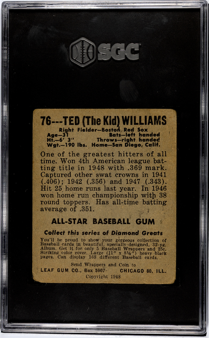 1948 Leaf Gum Co. #76 Ted Williams Red Sox SGC 1.5 Well Centered