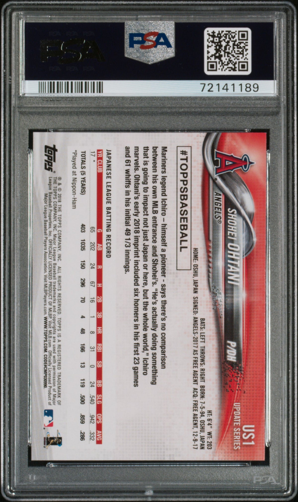 2018 Topps Update Rainbow Foil #US1 Shohei Ohtani Pitching Red Rookie PSA 10