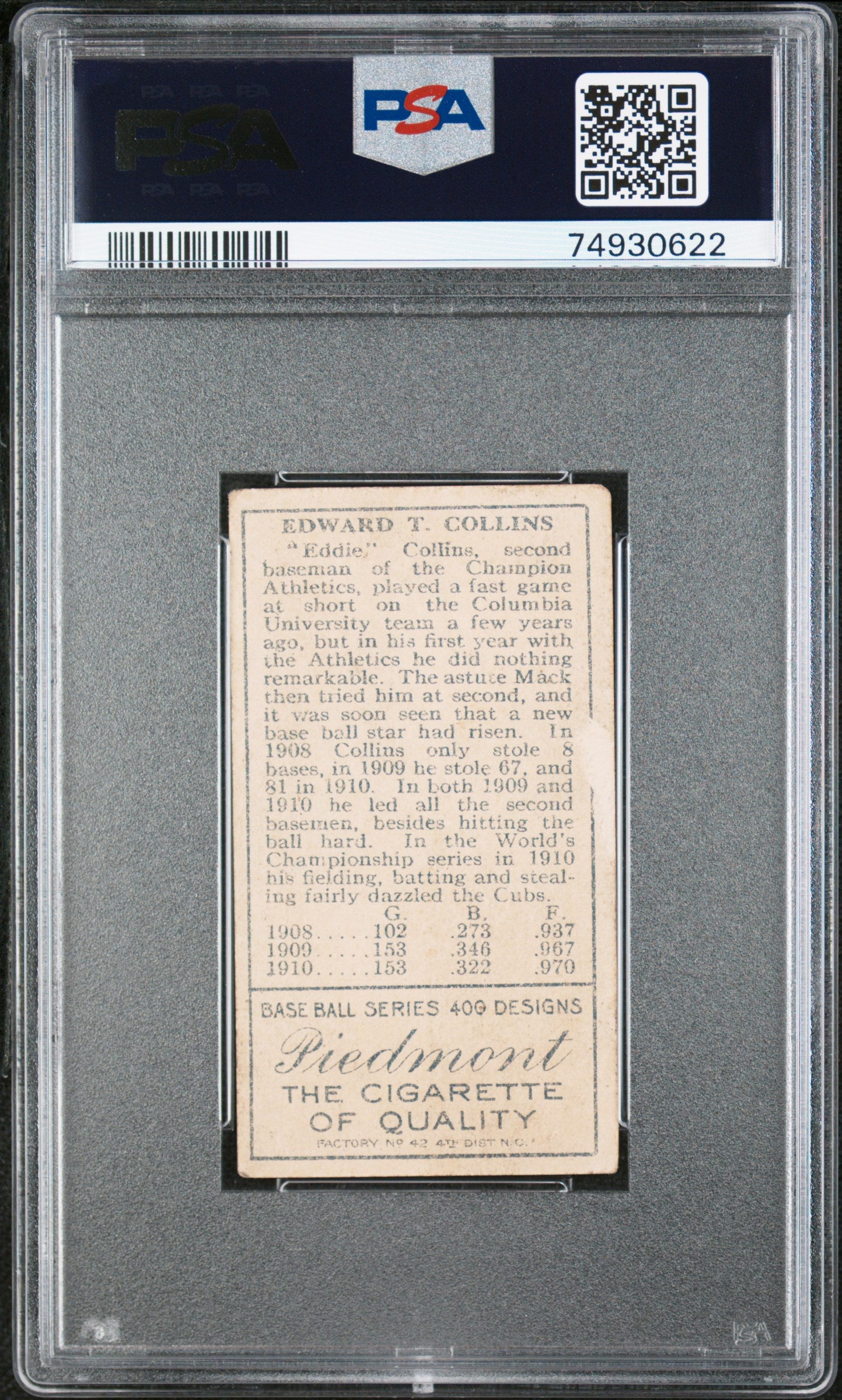 T205 Eddie Collins Open Mouth Variation Philadelphia PSA 3 Well Centered