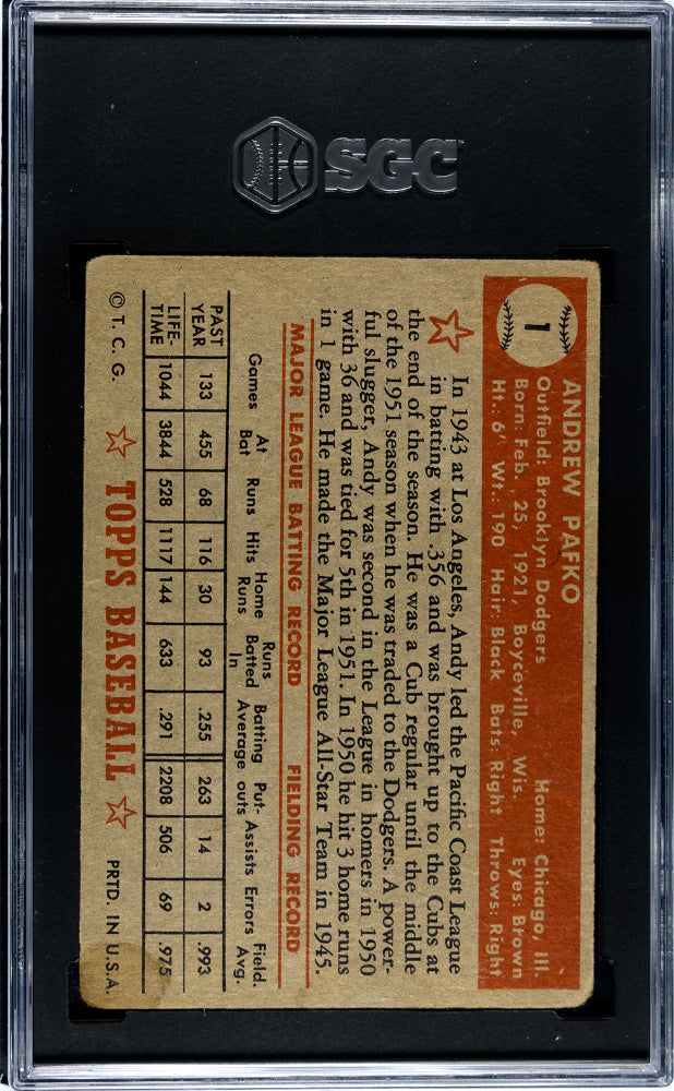 1952 Topps #1 Andy Pafko Red Back Dodgers SGC 1