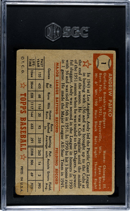 1952 Topps #1 Andy Pafko Red Back Dodgers SGC 1