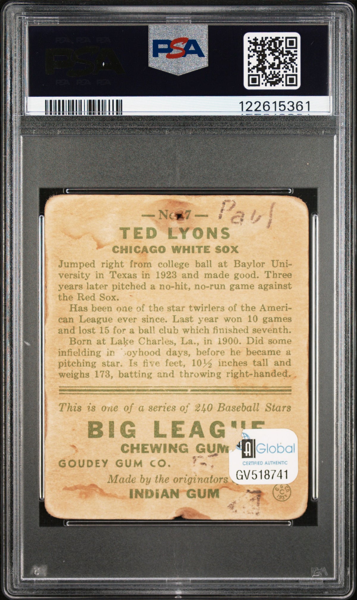 1933 Goudey #7 Ted Lyons Signed White Sox PSA Authentic Auto 10